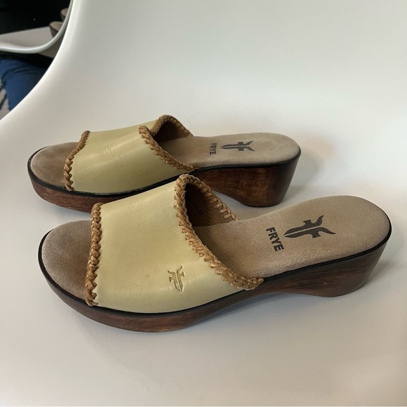 ✨ Frye Yellow Leather Braided Wedge Sandals 8M | Boho Wood Platform Slide - Picture 3 of 6